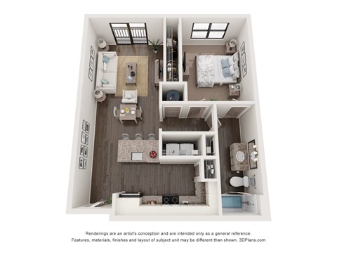 Stylized 3D floor plan of 1-bed 705 sq ft at the augustan in augusta, ga